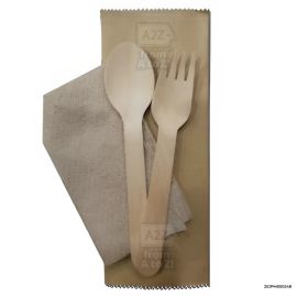 Wooden Spoon, Fork, Tissue Set Set in Kraft Pouch - 300 PCS