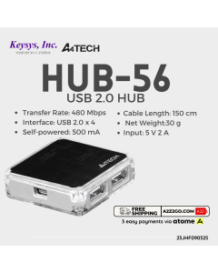 A4Tech HUB-56 USB Hub 4-Port Compact Light Weight Travel 480Mbps Plug and Play Black