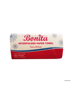 Bonita Interfolded Paper Towel 100% Virgin Pulp | 1 Ply 175 Pulls 200mm x 200mm x 1