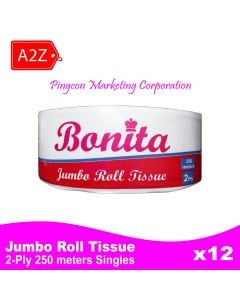 Bonita Jumbo Roll Tissue Virgin Pulp | 2 ply 15gsm 250m Singles x12