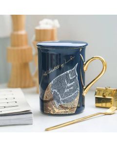 Golden Leaf Mug w Cover Mug Teaspoon & Gift Box