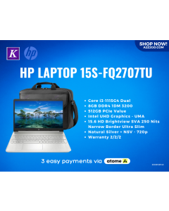 HP Laptop | 15s-fq2707TU | Core i3-1115G4 dual | 8GB DDR4 1DM 3200 | 512GB PCIe value | W11 home